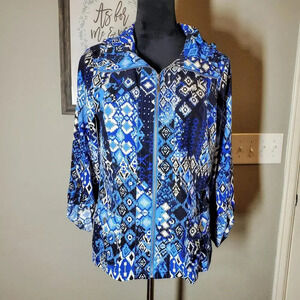 Laura Ashley American Glory Blue Multicolor Full Zip Pocket Basic Jacket Top